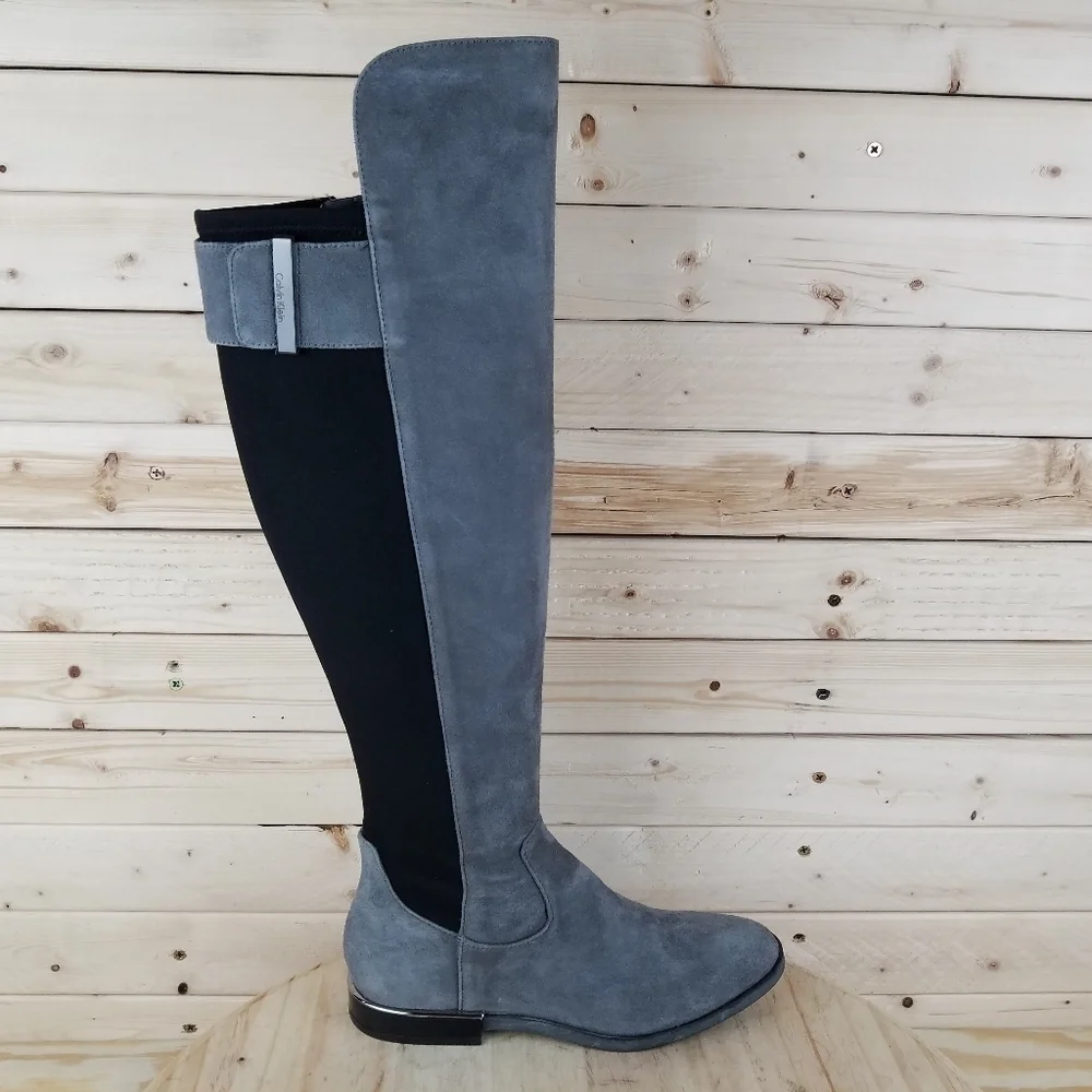 Calvin Klein Priya OTK Size 5.5 US Grey/Black Suede/Leather Over Knee Boots NEW